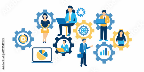 Teamwork and technology concept with stylized people and gear icons