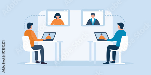 Four people participating in a virtual meeting using laptops and video calls