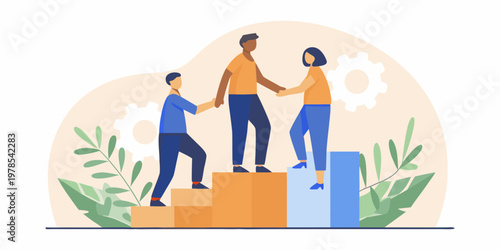 Teamwork and collaboration concept with people climbing steps together
