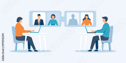 People participating in a virtual meeting using laptops at desks
