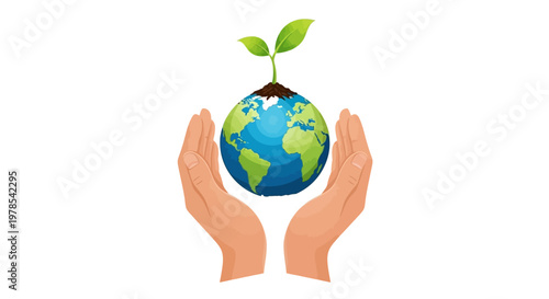 Conceptual vector illustration showing human hands gently holding a globe with a small plant growing from it against a clean white background, symbolizing care for the Earth and a hopeful