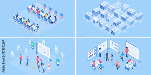 Isometric illustrations depicting modern office scenes and business concepts
