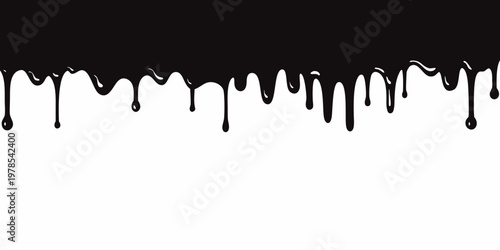 Black liquid drips and flows across a stark white background