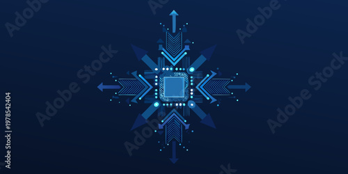 Abstract blue technology circuit design with central microchip element