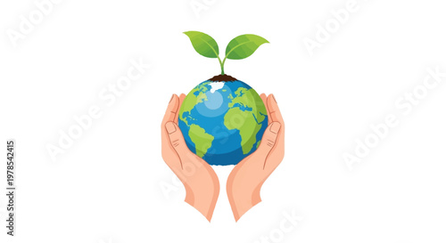 Conceptual vector art of human hands gently holding a globe with a small plant sprouting from the top, promoting Earth Day and environmental care against a clean white background