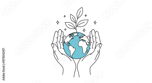 Stylized vector illustration of human hands gently holding a blue and white Earth globe with a thriving green plant sprouting from the top, set against a clean white background to symbolize