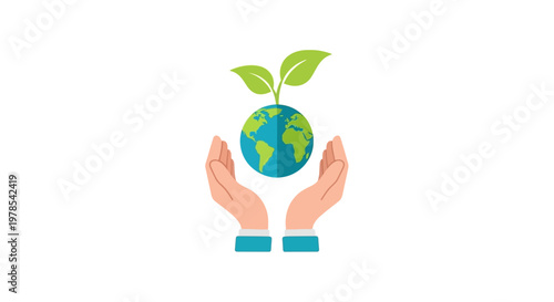 Conceptual vector art illustrating human care, featuring hands gently cradling a vibrant green and blue globe with a sprouting plant, set against a clean white background in a symbolic