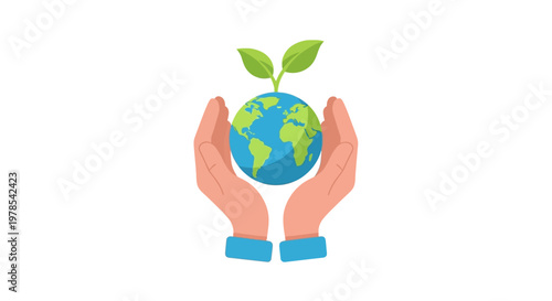 Flat vector illustration depicting caring human hands holding a green globe with a small plant growing on top, symbolizing Earth Day and environmental responsibility against a clean white