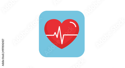 Vibrant red heart icon featuring a white EKG pulse line centered within a soft light blue rounded square shape on a clean neutral white studio backdrop.