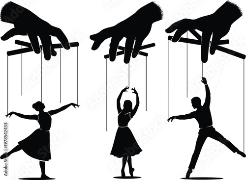 Set of puppet silhouettes controlled by human hands on strings, ballet dancers and male figure marionettes, conceptual power and control.