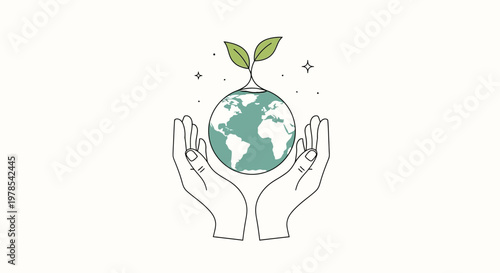Minimalist vector design showing two line-art hands gently cradling a globe topped with a small green plant, symbolizing the human care concept in an environmental illustration