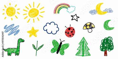 Child s drawing featuring a sun rainbow dinosaur and other playful elements