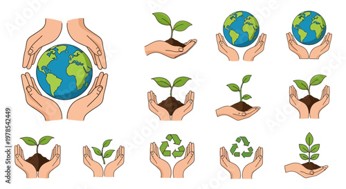 Illustrated hands gently cradle a globe and sprouting plants, symbolizing a Human Care Concept, presented in a clean, vector style with vibrant green and blue hues against a pure white