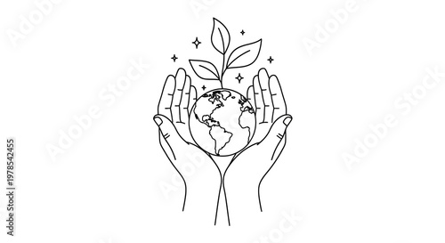 Minimalist vector illustration showing hands gently holding a globe topped with a small plant, symbolizing the human care concept and Earth Day, rendered in a clean, line art style