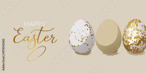 Happy easter with three decorated eggs on a neutral background