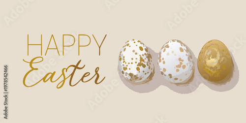 Happy easter illustration with speckled eggs and golden lettering
