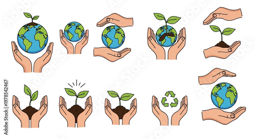Set of vector illustrations showing hands holding a globe with a small green plant growing on it, symbolizing human care for the environment and Earth Day, with minimalist design