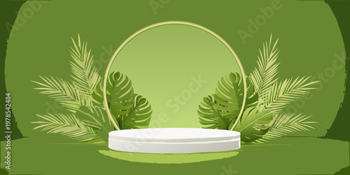 Minimalist product display with tropical leaves and a circular arch