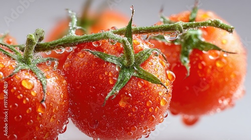 Fresh tomatoes on vine close up with water droplets for food and health concepts