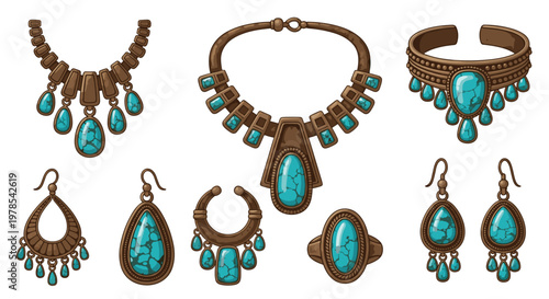Intricate bronze jewelry set featuring polished turquoise gemstones arranged in elegant patterns against a clean white background with soft warm lighting.