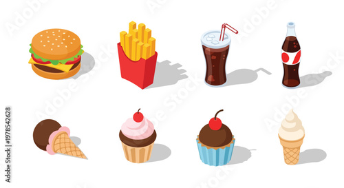 Flat lay illustration of various fast food items and desserts on a white background with colorful graphics.