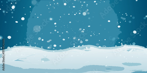 Abstract blue background with falling snow and a white textured base