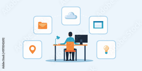 Person working at a desk with floating icons representing digital concepts