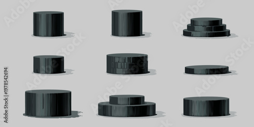 Arrangement of dark cylindrical objects with ribbed and layered details