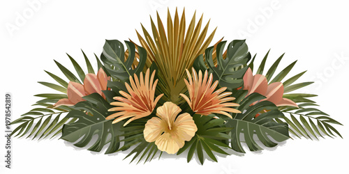 A vibrant arrangement of tropical leaves and orange yellow flowers