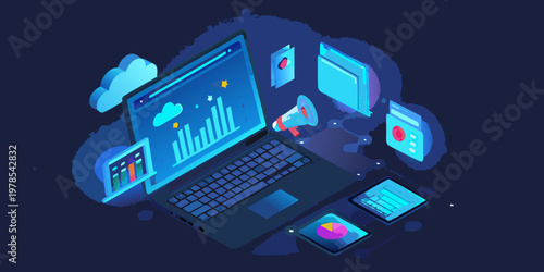 Digital marketing concept with laptop data charts and communication icons