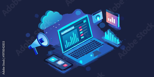 Digital technology concept featuring a laptop cloud and data analysis