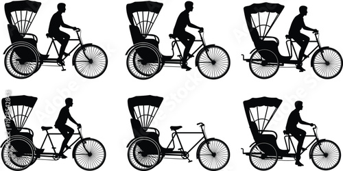 Set Of Traditional Cycle Rickshaw Silhouettes Isolated On White Background For Bangladesh India Tourism Travel Transportation Pedicab And Asian Culture Design (21 words)