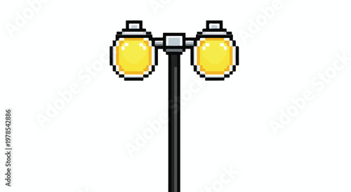 This pixel art vector features a black double-headed street lamp with glowing yellow bulbs, set against a white background for a retro game aesthetic.