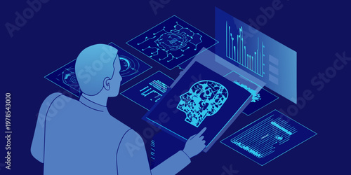 Man interacting with holographic displays showcasing artificial intelligence concepts