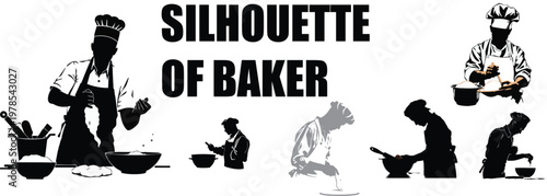 Silhouette of a Baker Kneading Dough on White Background, Baking and Culinary Concept, Minimalist Black Shadow Illustration of Bread Making and Kitchen Work