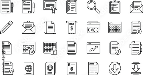 Set of thin line business icons featuring financial documents, tax forms, passports, invoices, calculators, and magnifying glass for office administration vector.
