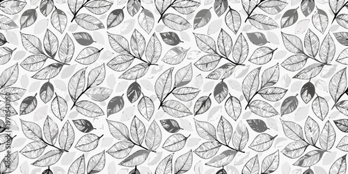 Monochrome botanical pattern featuring delicate overlapping leaves and stems