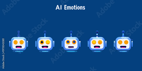 Illustrative depiction of five robots expressing different emotional states