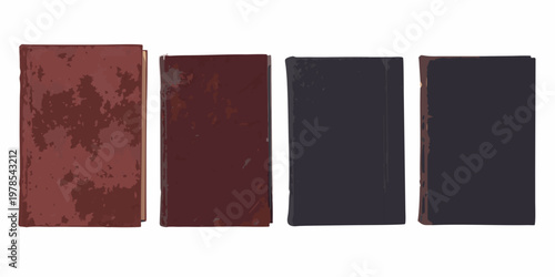 Four vintage books with varying shades of red and black spines