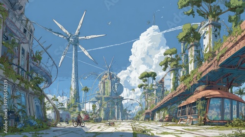 Futuristic cityscape with wind turbine and vegetation under blue sky
