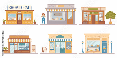 Colorful illustrations of various storefronts promoting local businesses and shops