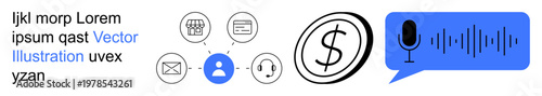 Digital communication, financial services, business transactions, customer support, sound recording, online identity. Blue speech bubble with microphone and sound waves, user profile icons, dollar