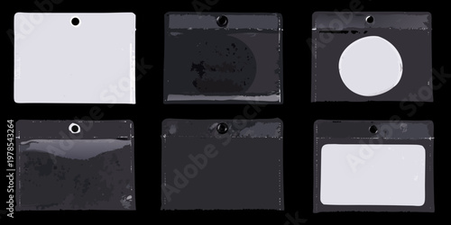 Six plastic id badge holders arranged in a grid on black background