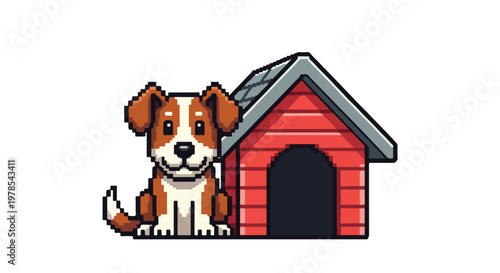 Charming pixel art illustration of a friendly brown and white puppy sitting beside its classic red wooden doghouse on a clean white background.