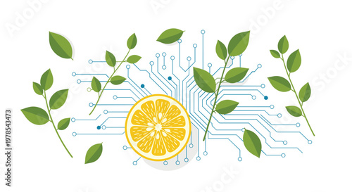 A vibrant yellow citrus lemon fruit slice rests upon an intricate blue digital circuit board pattern surrounded by floating green leaves on white canvas.