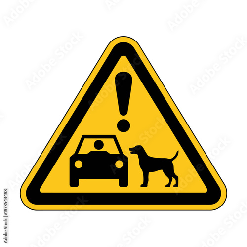 Yellow warning sign with car and dog on road ahead