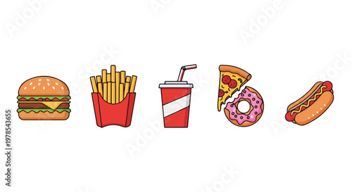 Flat lay of assorted fast food icons including burger, fries, soda, pizza, donut, and hotdog on white background.