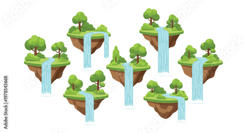 Multiple floating island platforms featuring lush green trees, grassy terrain, and cascading waterfalls flowing into the abyss on a white background.