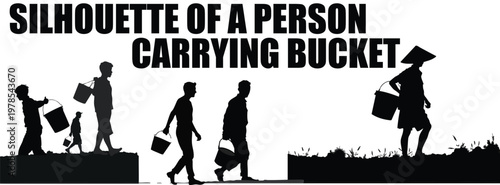 Silhouette of a Person Carrying a Bucket on White Background, Manual Labor and Chore Concept, Minimalist Black Shadow Illustration of Work, Effort, and Daily Tasks