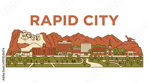 Rapid City South Dakota skyline with Mount Rushmore minimalist flat vector illustration